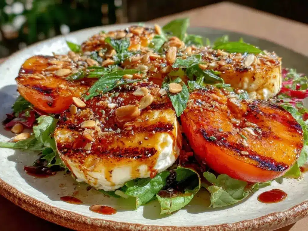fresh grilled peach burrata salad - featured image