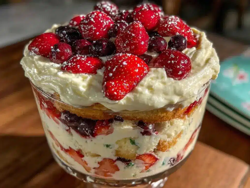 fresh red white and blue berry trifle - featured image