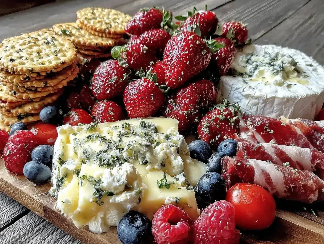fresh red white blue charcuterie board preparation steps