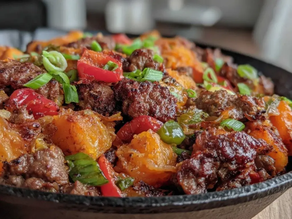 healthy ground beef and sweet potato hash - featured image