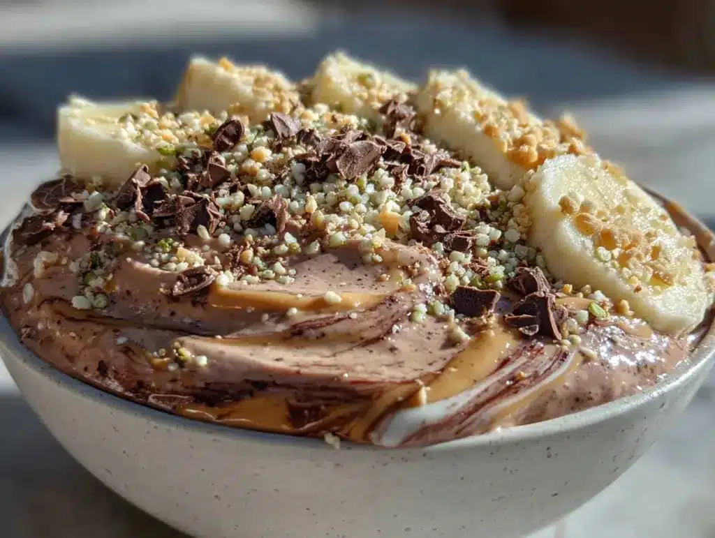 high protein chocolate peanut butter smoothie bowl - featured image