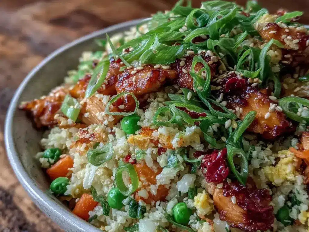 low-carb cauliflower rice chicken fried rice - featured image