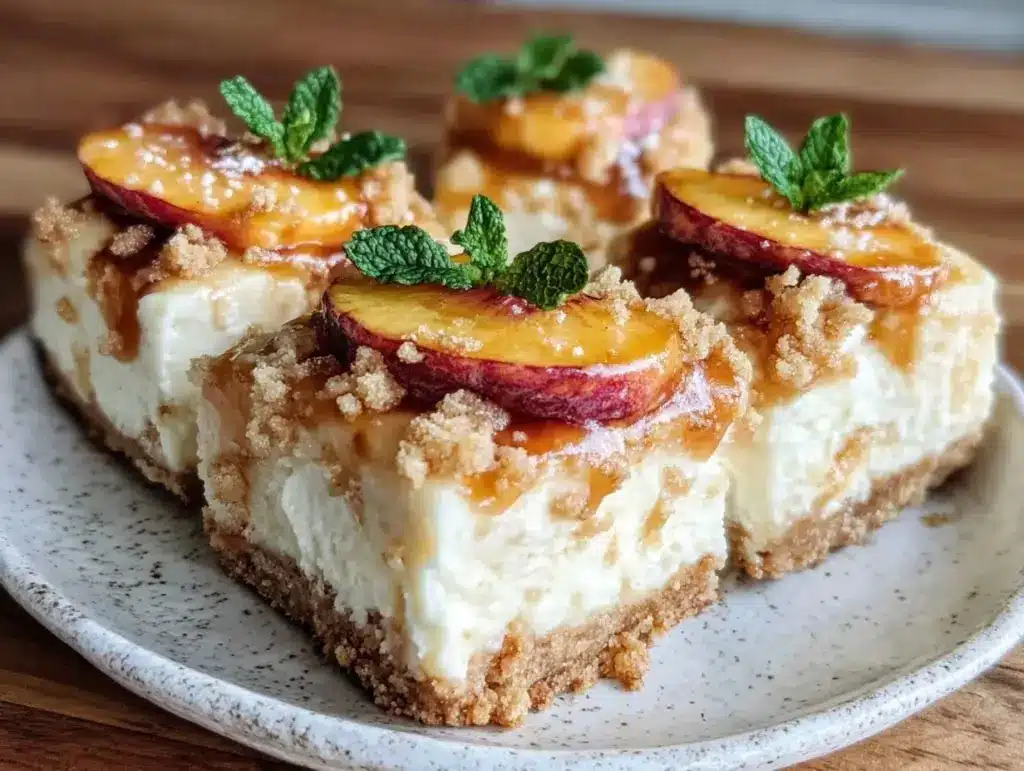 no-bake peach bourbon cheesecake bars - featured image