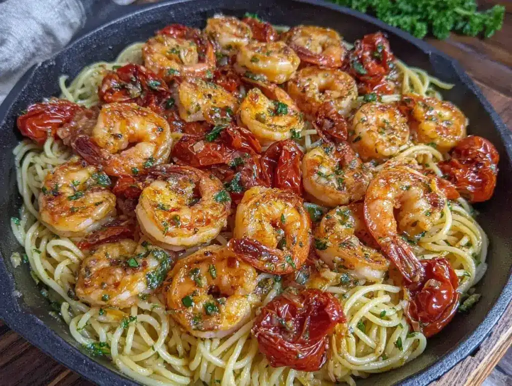 one-pan garlic butter shrimp pasta - featured image