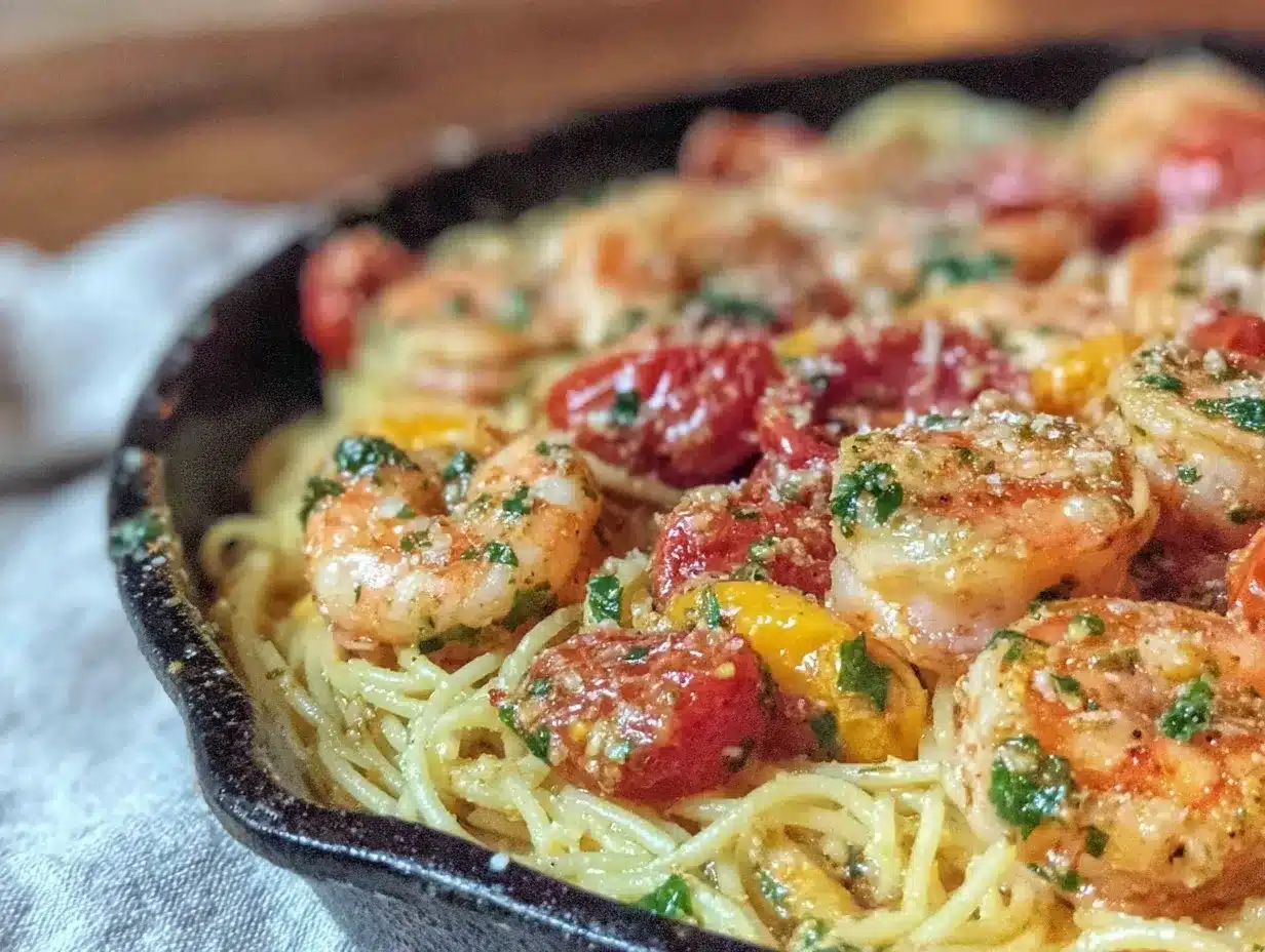 one-pan garlic butter shrimp pasta preparation steps