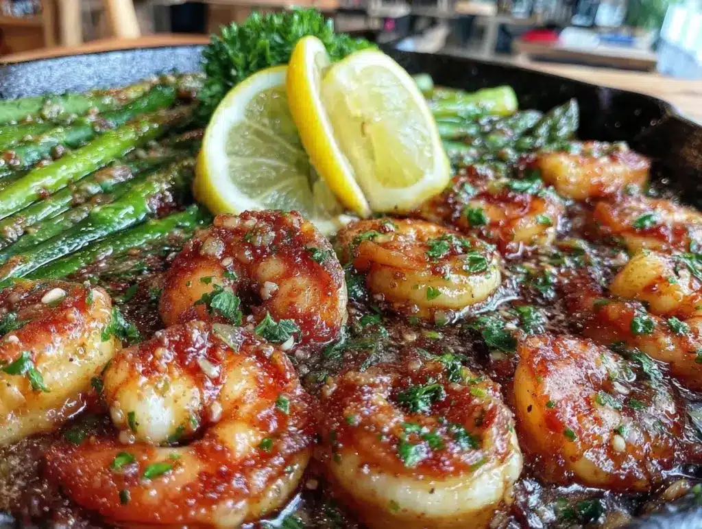 one-pan lemon garlic butter shrimp and asparagus - featured image