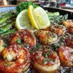 one-pan lemon garlic butter shrimp and asparagus - featured image