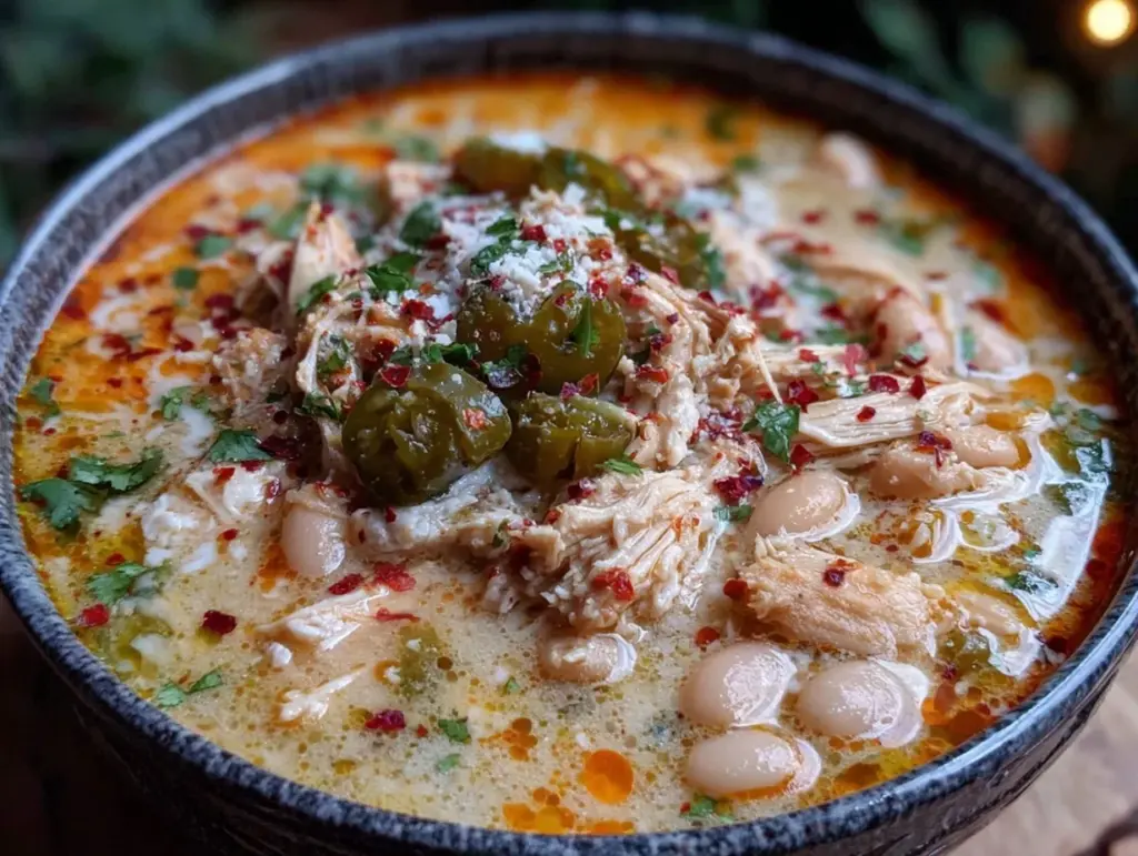 creamy spicy white chicken chili crockpot recipe - featured image