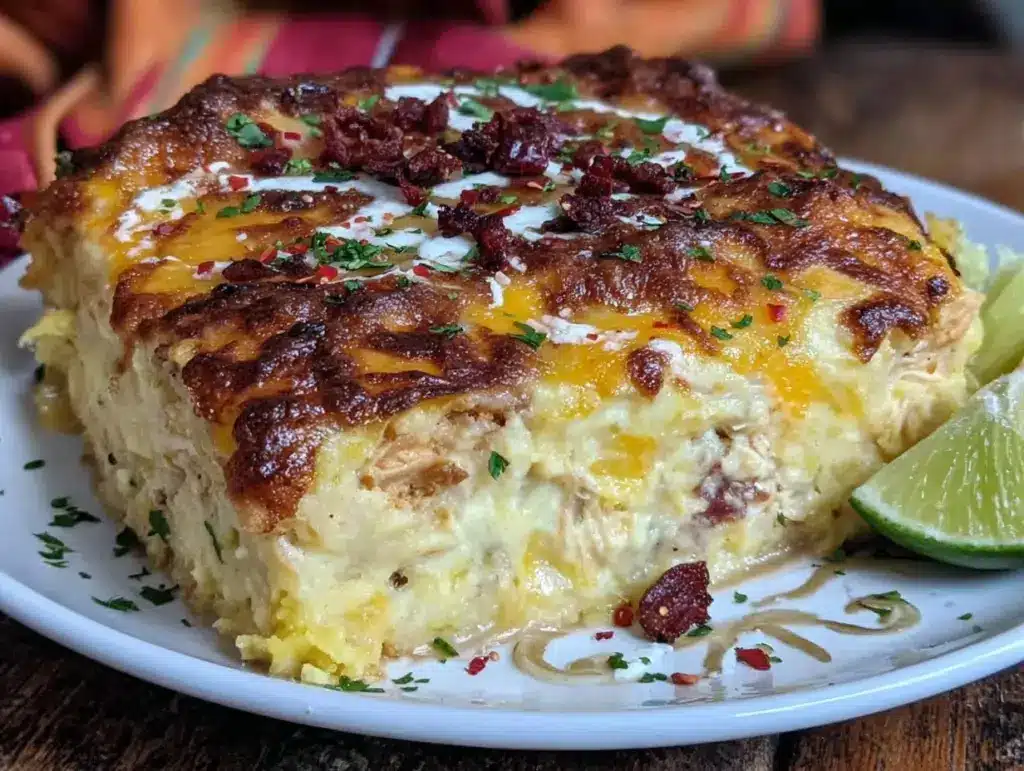 hatch green chili chicken enchilada casserole - featured image