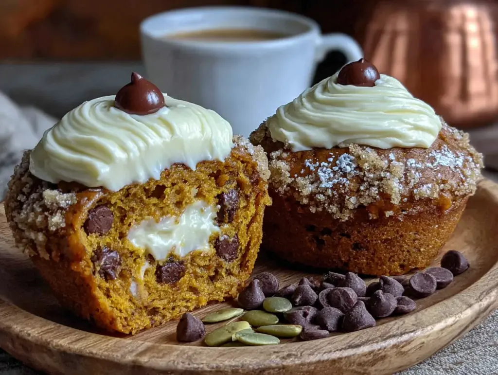 chocolate chip pumpkin muffins with cream cheese filling - featured image
