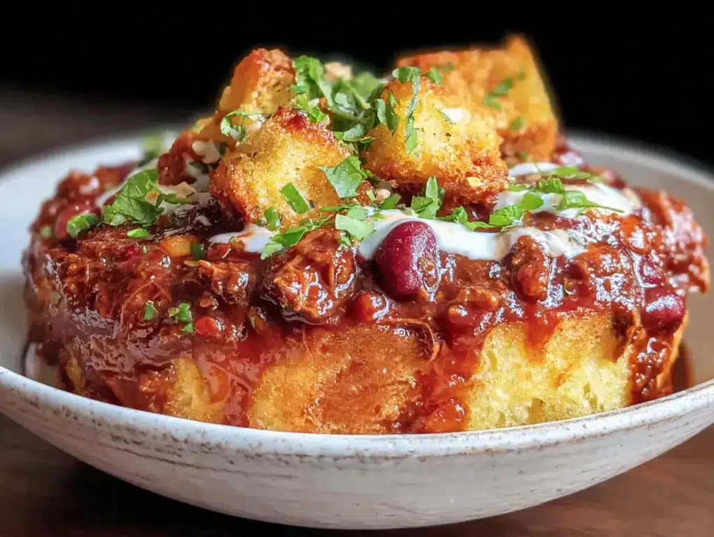 classic beef chili with cornbread croutons - featured image