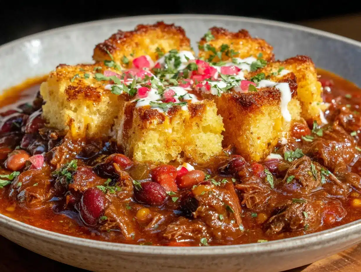 classic beef chili with cornbread croutons preparation steps