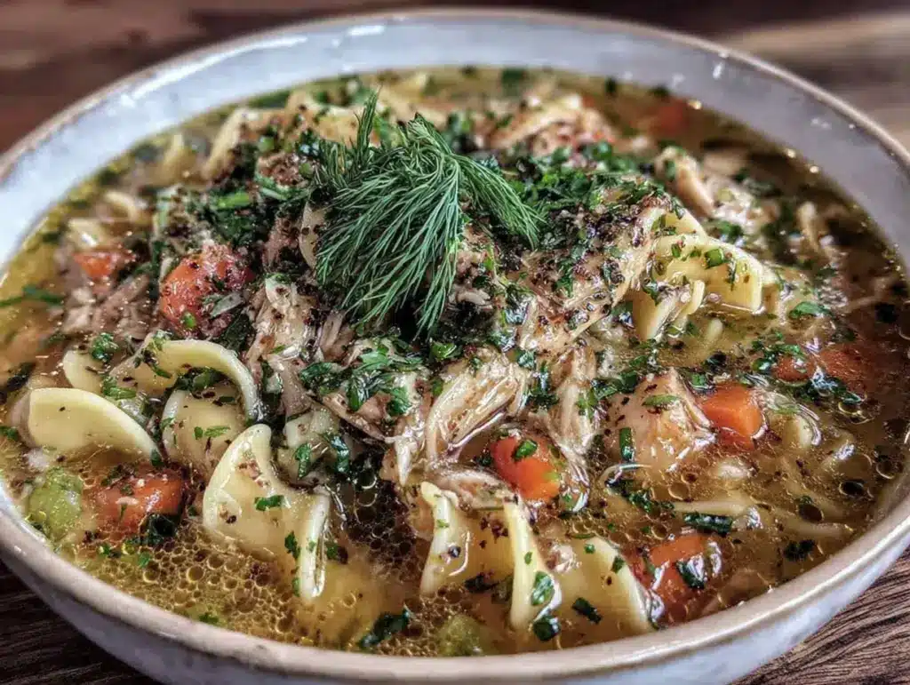 cozy homestyle chicken noodle soup with fresh dill - featured image