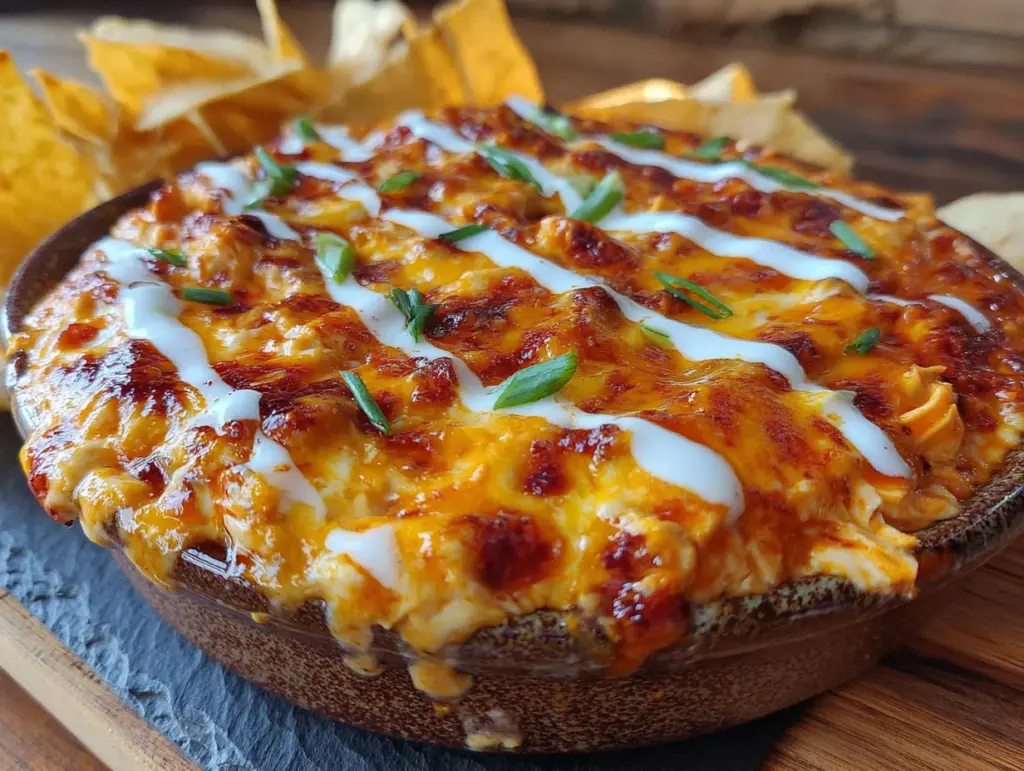 creamy buffalo chicken dip with ranch drizzle - featured image