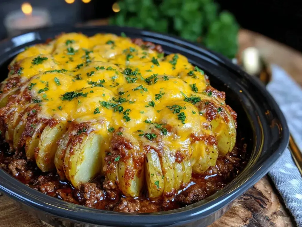 creamy crockpot beef potato casserole - featured image
