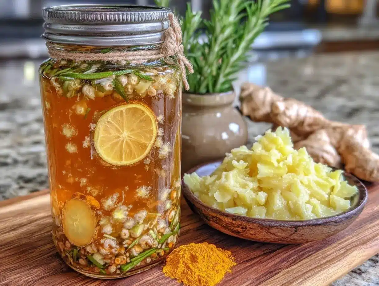 homemade fire cider tonic with ginger and turmeric preparation steps