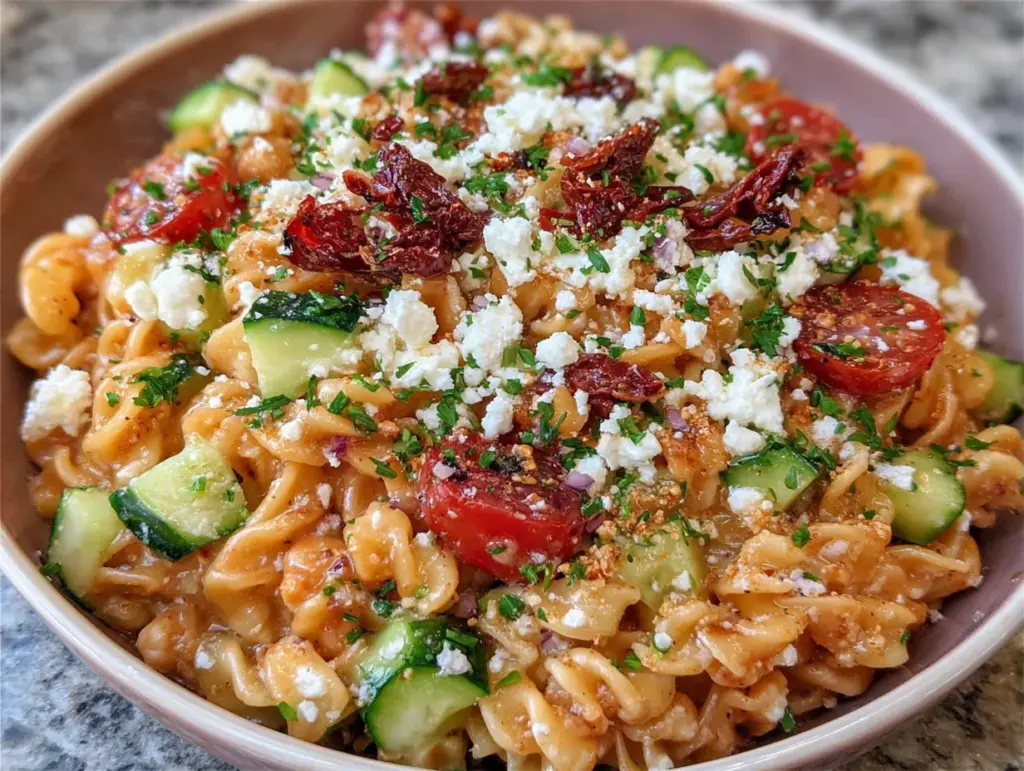 Mediterranean chickpea pasta salad with feta - featured image
