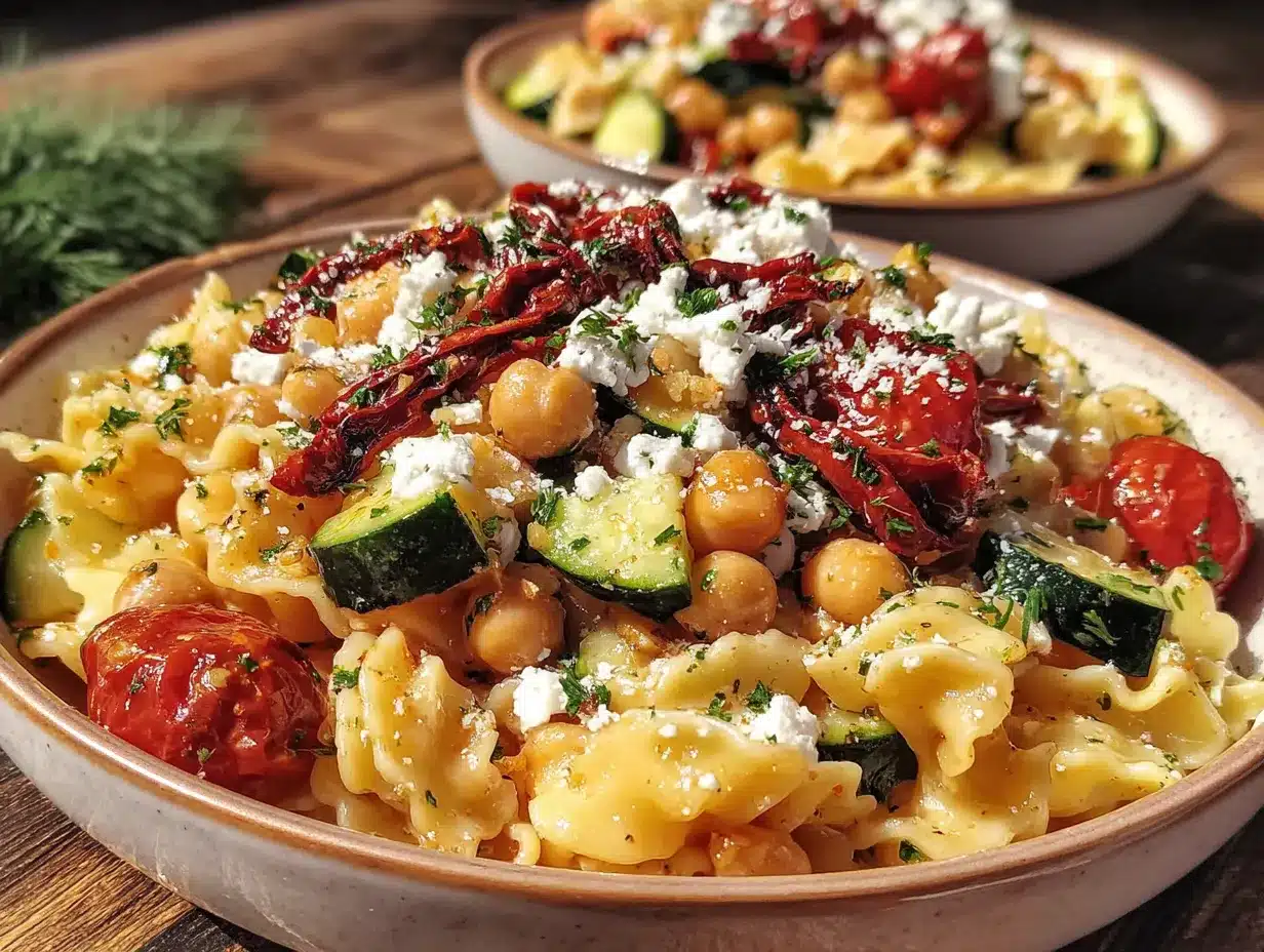 Mediterranean chickpea pasta salad with feta preparation steps