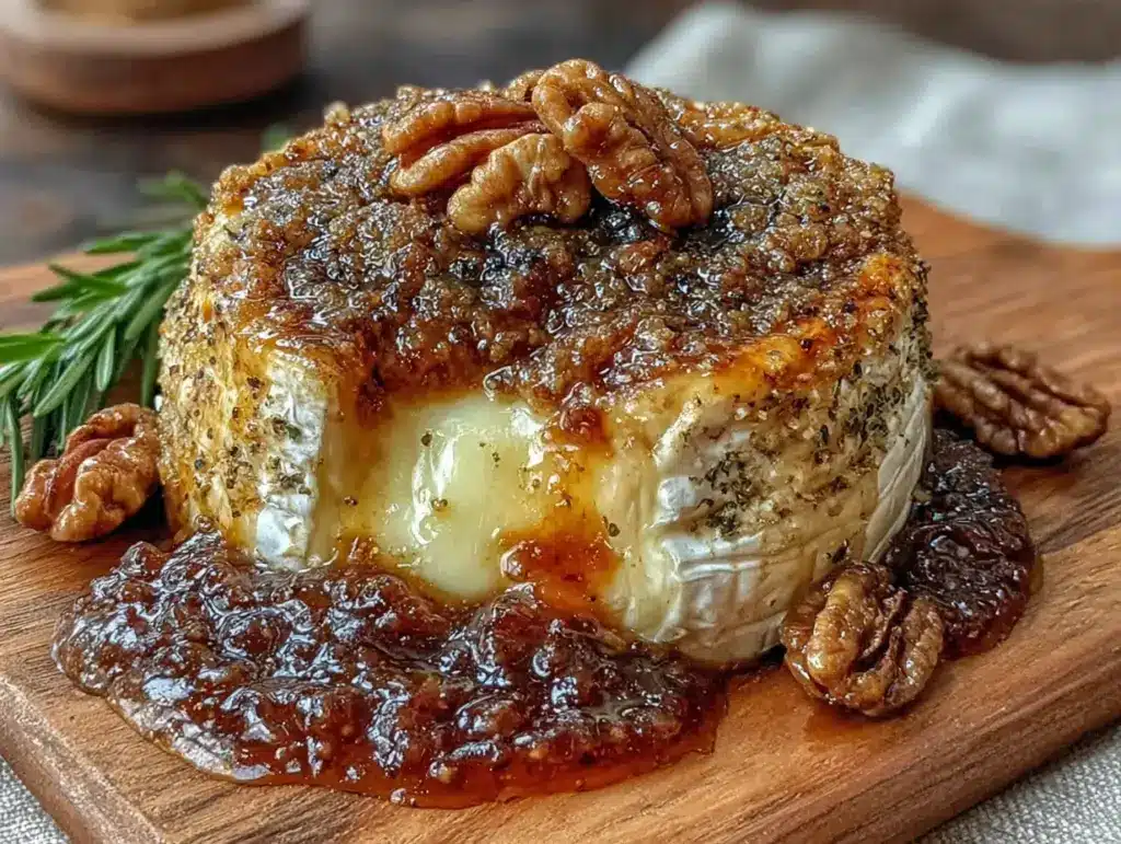baked brie with fig jam and candied walnuts - featured image