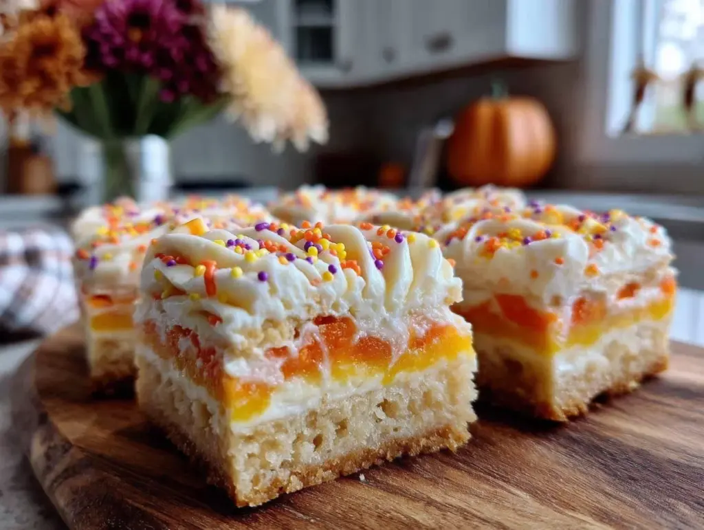 candy corn sugar cookie bars - featured image