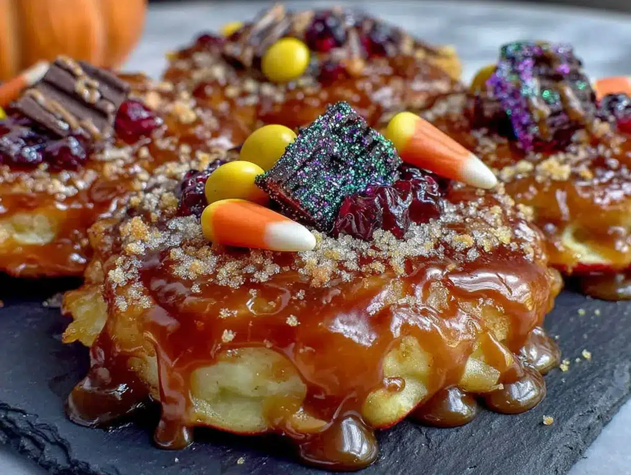 caramel apple slices with candy toppings preparation steps