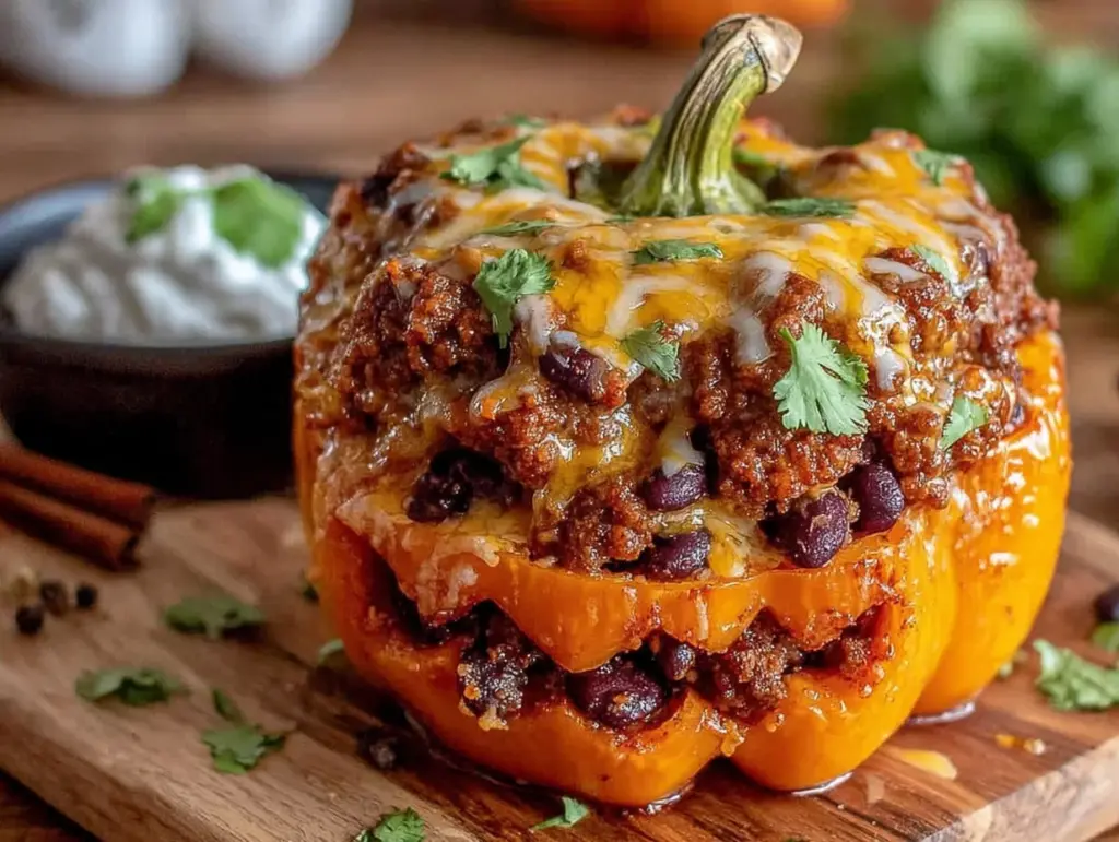 cozy jack-o-lantern stuffed bell peppers - featured image