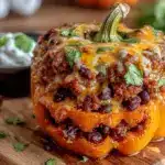 cozy jack-o-lantern stuffed bell peppers - featured image