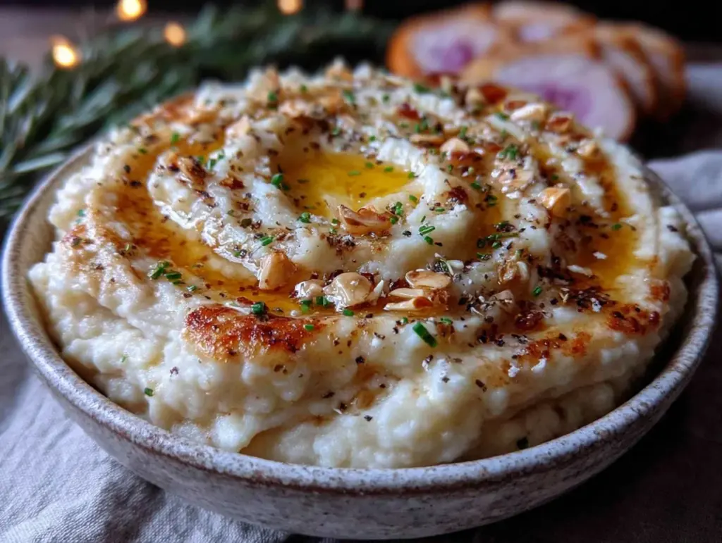 creamy roasted garlic mashed cauliflower - featured image