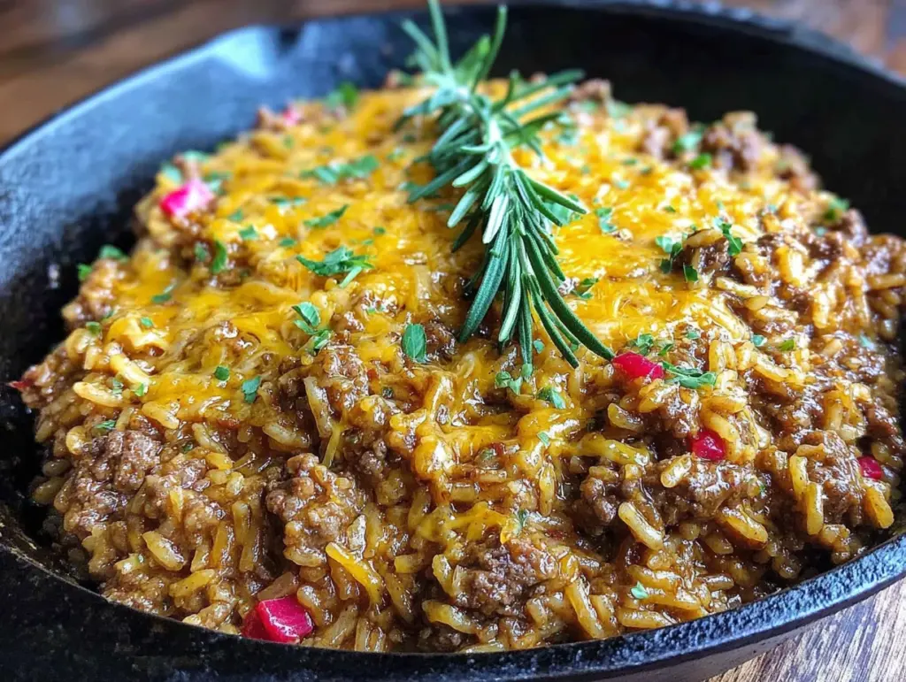 easy cheesy ground beef and rice skillet - featured image