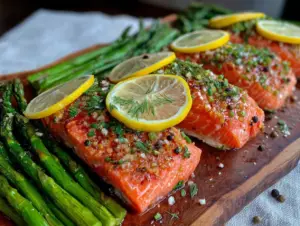 easy salmon sheet pan dinner with lemon asparagus - featured image