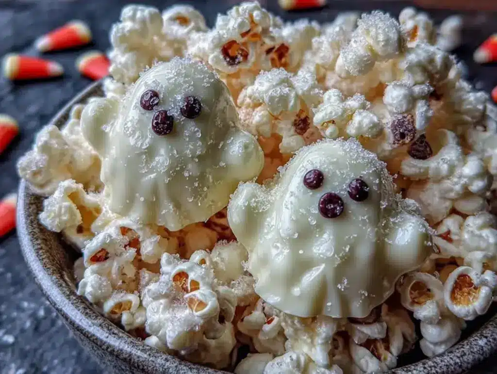 kid-friendly Halloween popcorn mix with white chocolate ghosts - featured image