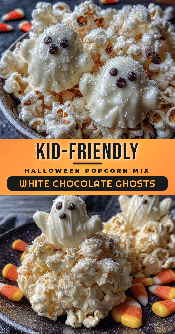 kid-friendly Halloween popcorn mix with white chocolate ghosts recipe