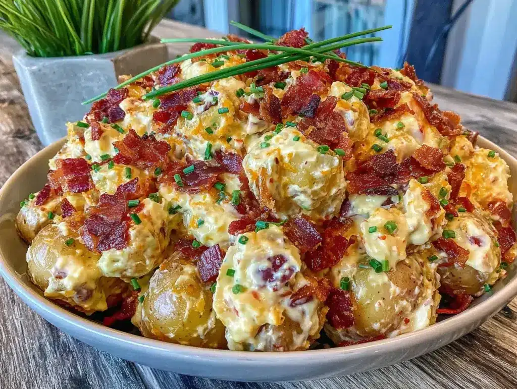 lightened up loaded baked potato salad with bacon - featured image