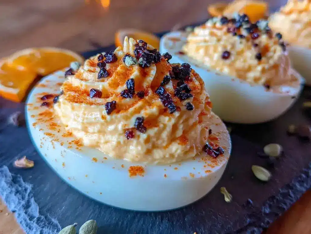 lightened-up spooky orange black deviled eggs - featured image