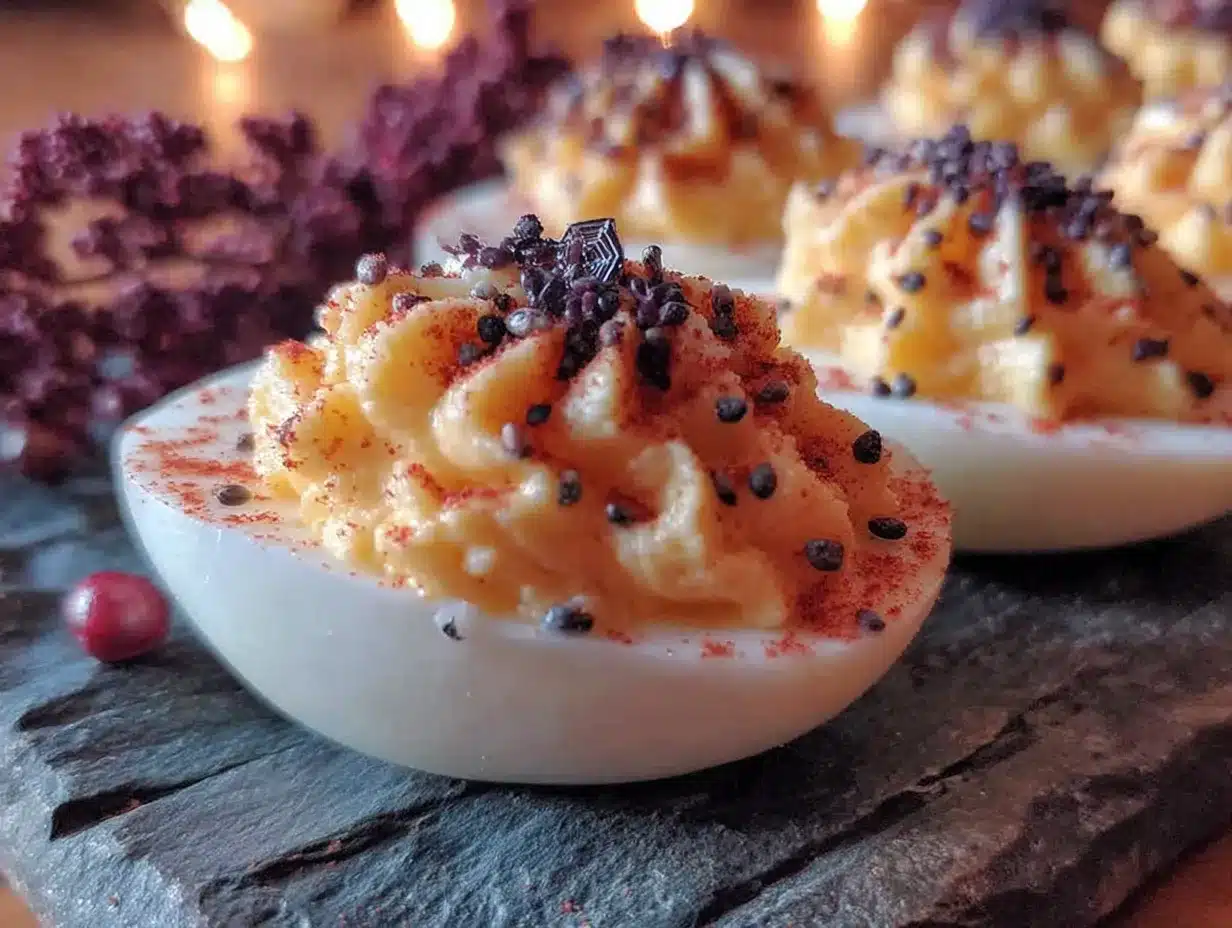 lightened-up spooky orange black deviled eggs preparation steps