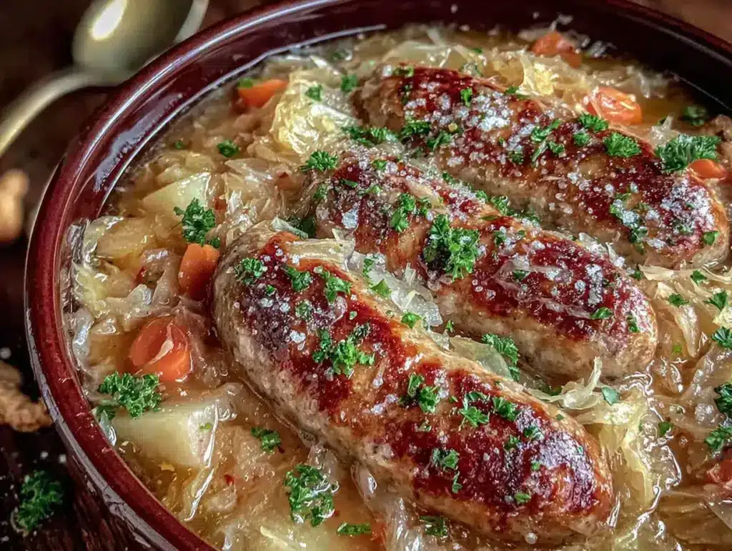slow cooker German bratwurst and sauerkraut stew - featured image