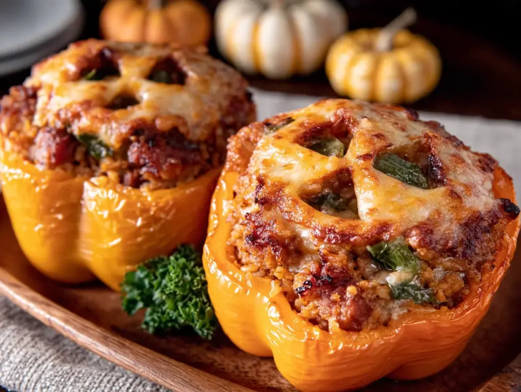 jack-o-lantern stuffed bell peppers - featured image